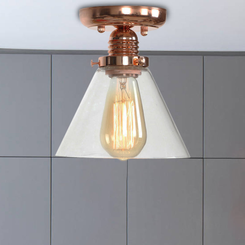 1 Light Ceiling Light Fixture with Cone/Barrel/Bell Shade Clear Glass Industrial Living Room Semi Flush in Copper Copper Cone Clearhalo 'Ceiling Lights' 'Close To Ceiling Lights' 'Close to ceiling' 'Glass shade' 'Glass' 'Semi-flushmount' Lighting' 209105