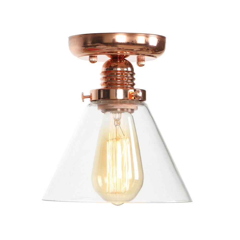 1 Light Ceiling Light Fixture with Cone/Barrel/Bell Shade Clear Glass Industrial Living Room Semi Flush in Copper Clearhalo 'Ceiling Lights' 'Close To Ceiling Lights' 'Close to ceiling' 'Glass shade' 'Glass' 'Semi-flushmount' Lighting' 209106