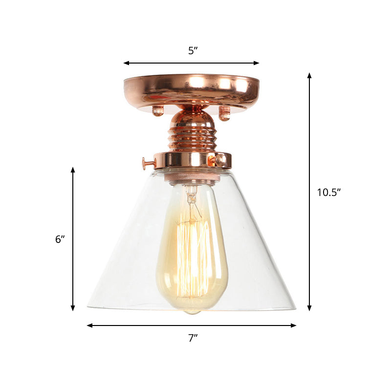1 Light Ceiling Light Fixture with Cone/Barrel/Bell Shade Clear Glass Industrial Living Room Semi Flush in Copper Clearhalo 'Ceiling Lights' 'Close To Ceiling Lights' 'Close to ceiling' 'Glass shade' 'Glass' 'Semi-flushmount' Lighting' 209107