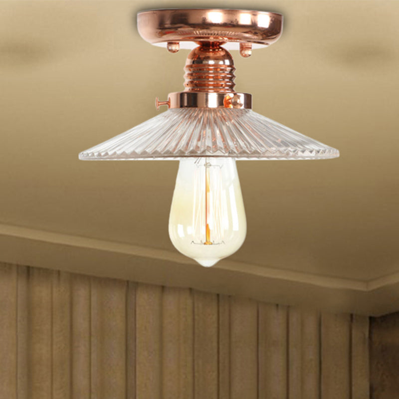 Single Bulb Semi Flush Mount Industrial Cone/Saucer/Wavy Frosted Glass Ceiling Light in Copper Copper Wavy Clearhalo 'Ceiling Lights' 'Close To Ceiling Lights' 'Close to ceiling' 'Semi-flushmount' Lighting' 209110