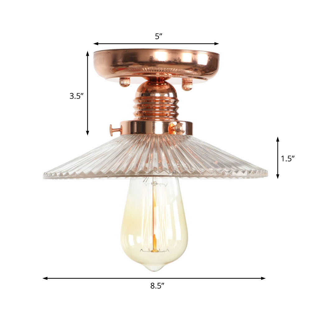 Single Bulb Semi Flush Mount Industrial Cone/Saucer/Wavy Frosted Glass Ceiling Light in Copper Clearhalo 'Ceiling Lights' 'Close To Ceiling Lights' 'Close to ceiling' 'Semi-flushmount' Lighting' 209112