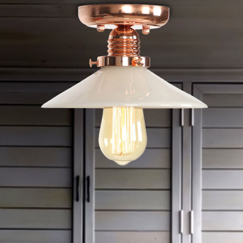 Single Bulb Semi Flush Mount Industrial Cone/Saucer/Wavy Frosted Glass Ceiling Light in Copper Clearhalo 'Ceiling Lights' 'Close To Ceiling Lights' 'Close to ceiling' 'Semi-flushmount' Lighting' 209113