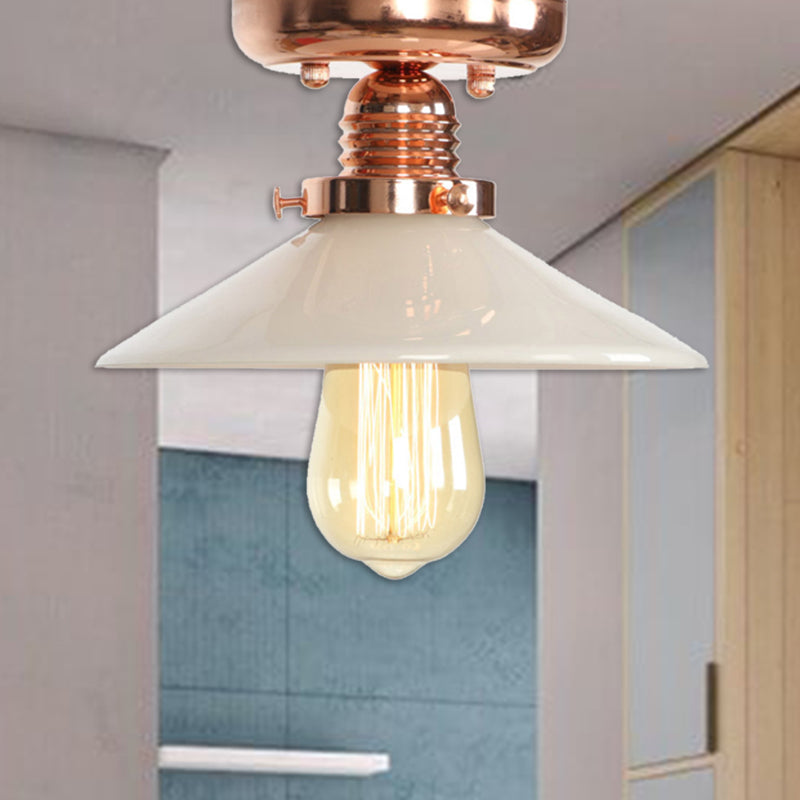 Single Bulb Semi Flush Mount Industrial Cone/Saucer/Wavy Frosted Glass Ceiling Light in Copper Copper Cone Clearhalo 'Ceiling Lights' 'Close To Ceiling Lights' 'Close to ceiling' 'Semi-flushmount' Lighting' 209114