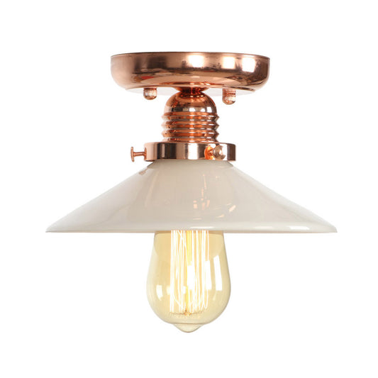 Single Bulb Semi Flush Mount Industrial Cone/Saucer/Wavy Frosted Glass Ceiling Light in Copper Clearhalo 'Ceiling Lights' 'Close To Ceiling Lights' 'Close to ceiling' 'Semi-flushmount' Lighting' 209115