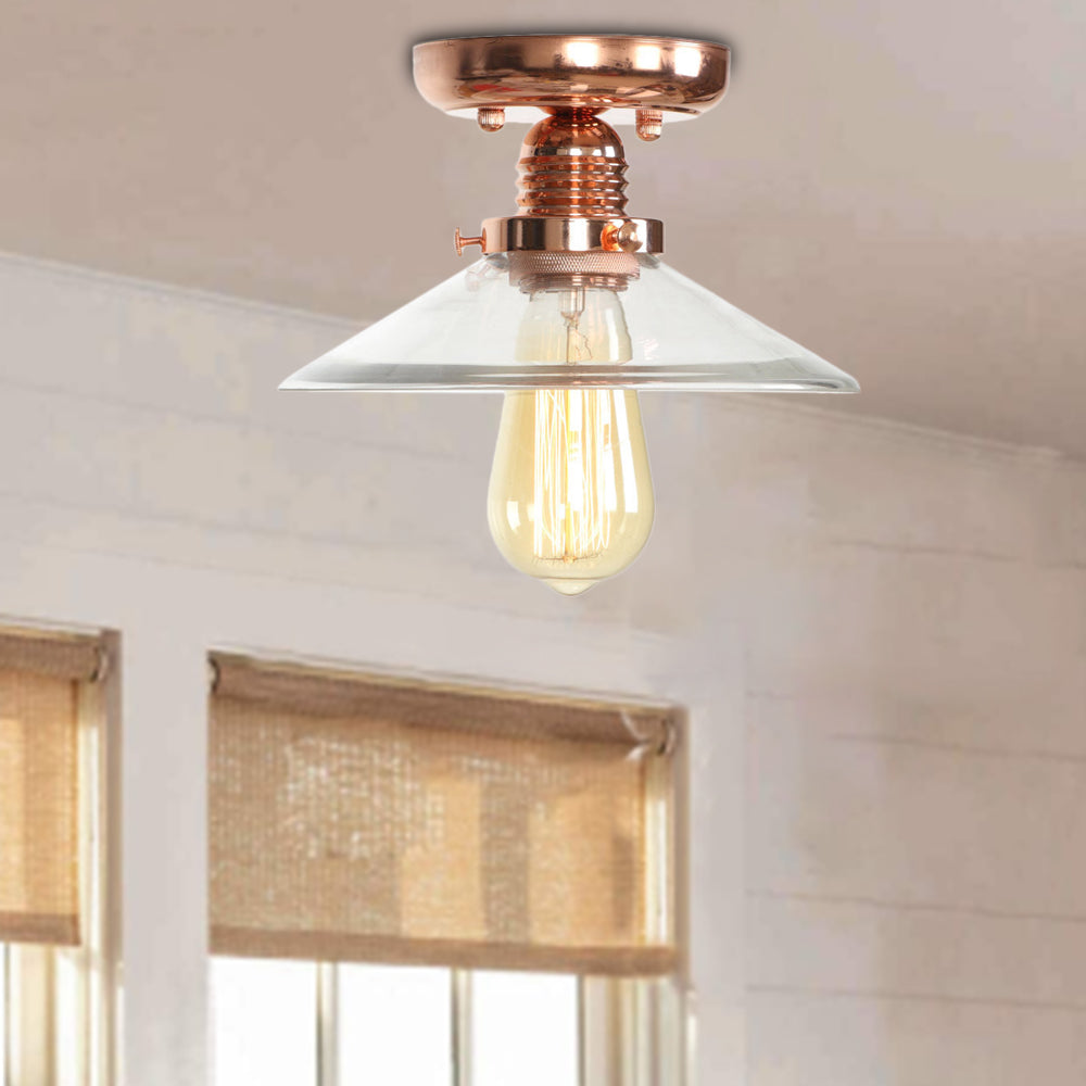 Single Bulb Semi Flush Mount Industrial Cone/Saucer/Wavy Frosted Glass Ceiling Light in Copper Clearhalo 'Ceiling Lights' 'Close To Ceiling Lights' 'Close to ceiling' 'Semi-flushmount' Lighting' 209117