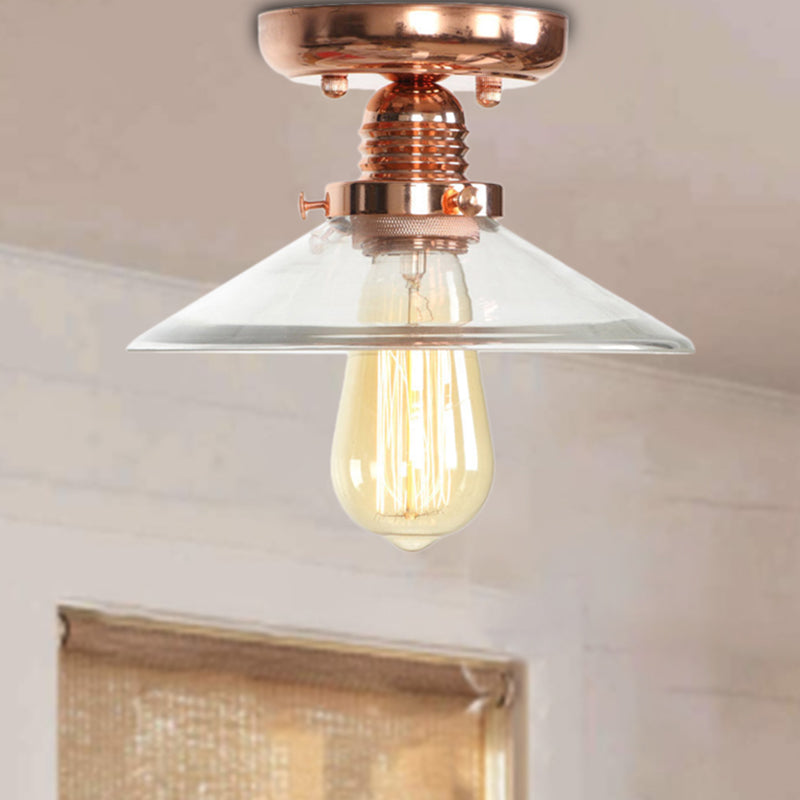 Single Bulb Semi Flush Mount Industrial Cone/Saucer/Wavy Frosted Glass Ceiling Light in Copper Copper Saucer Clearhalo 'Ceiling Lights' 'Close To Ceiling Lights' 'Close to ceiling' 'Semi-flushmount' Lighting' 209118