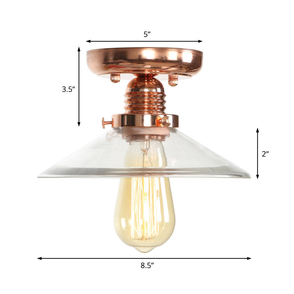 Single Bulb Semi Flush Mount Industrial Cone/Saucer/Wavy Frosted Glass Ceiling Light in Copper Clearhalo 'Ceiling Lights' 'Close To Ceiling Lights' 'Close to ceiling' 'Semi-flushmount' Lighting' 209120