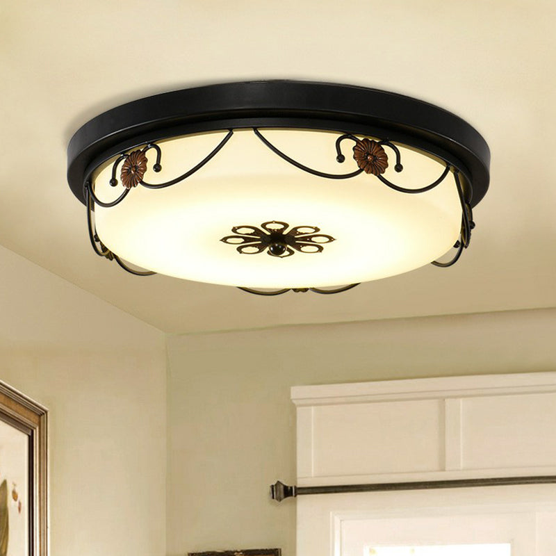 Drum Shaped Opal Glass LED Flush Ceiling Light Vintage Bedroom Flush Mount Lighting Fixture with Floral Decor in Black Black A Clearhalo 'Ceiling Lights' 'Close To Ceiling Lights' 'Close to ceiling' 'Flush mount' Lighting' 2091482