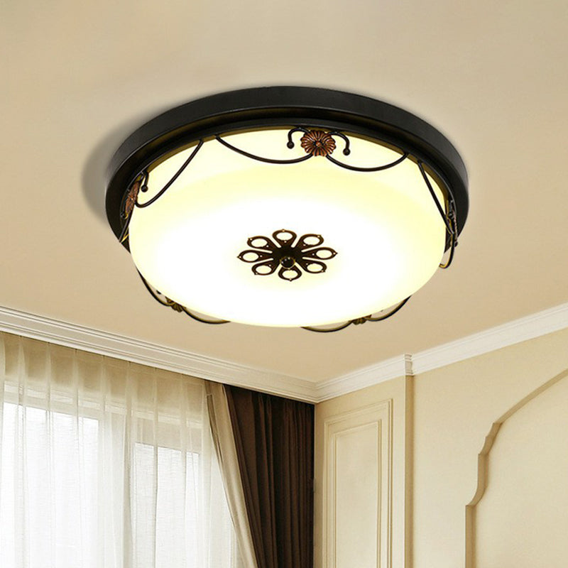 Drum Shaped Opal Glass LED Flush Ceiling Light Vintage Bedroom Flush Mount Lighting Fixture with Floral Decor in Black Clearhalo 'Ceiling Lights' 'Close To Ceiling Lights' 'Close to ceiling' 'Flush mount' Lighting' 2091483