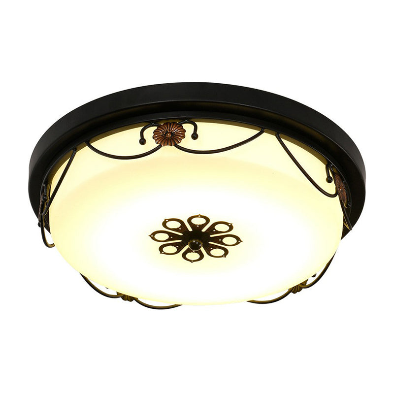 Drum Shaped Opal Glass LED Flush Ceiling Light Vintage Bedroom Flush Mount Lighting Fixture with Floral Decor in Black Clearhalo 'Ceiling Lights' 'Close To Ceiling Lights' 'Close to ceiling' 'Flush mount' Lighting' 2091484