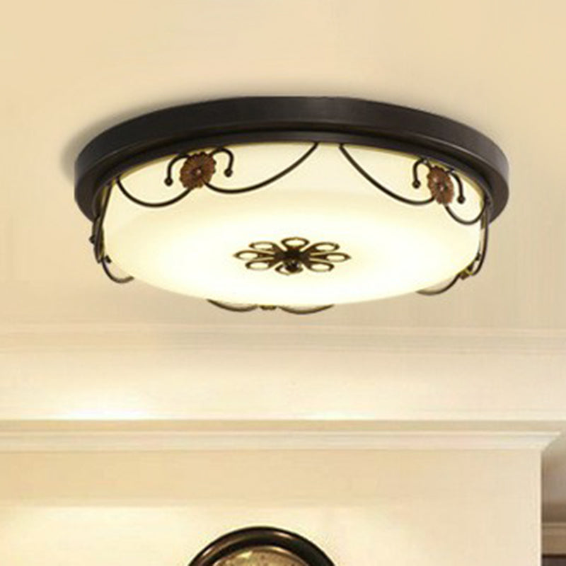 Drum Shaped Opal Glass LED Flush Ceiling Light Vintage Bedroom Flush Mount Lighting Fixture with Floral Decor in Black Clearhalo 'Ceiling Lights' 'Close To Ceiling Lights' 'Close to ceiling' 'Flush mount' Lighting' 2091485
