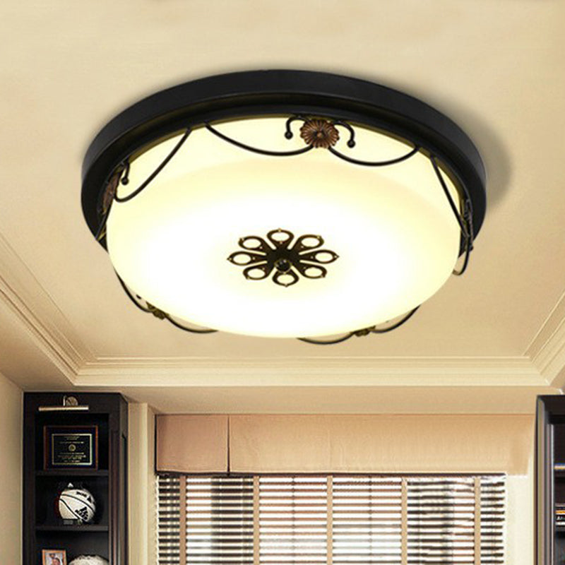 Drum Shaped Opal Glass LED Flush Ceiling Light Vintage Bedroom Flush Mount Lighting Fixture with Floral Decor in Black Clearhalo 'Ceiling Lights' 'Close To Ceiling Lights' 'Close to ceiling' 'Flush mount' Lighting' 2091486