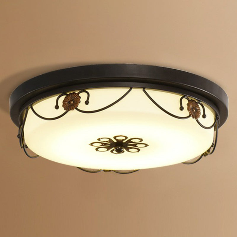 Drum Shaped Opal Glass LED Flush Ceiling Light Vintage Bedroom Flush Mount Lighting Fixture with Floral Decor in Black Clearhalo 'Ceiling Lights' 'Close To Ceiling Lights' 'Close to ceiling' 'Flush mount' Lighting' 2091488