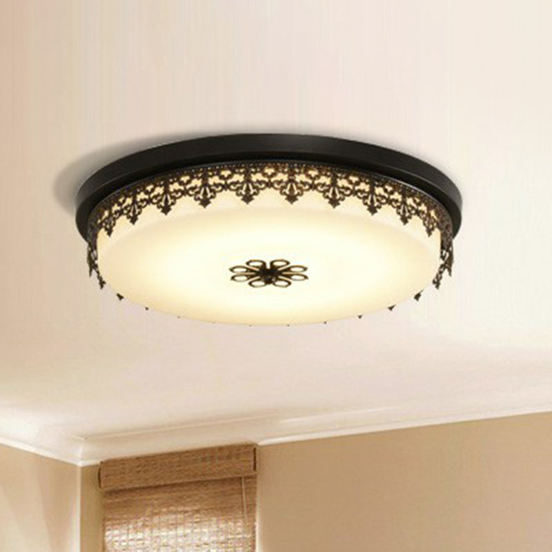Drum Shaped Opal Glass LED Flush Ceiling Light Vintage Bedroom Flush Mount Lighting Fixture with Floral Decor in Black Clearhalo 'Ceiling Lights' 'Close To Ceiling Lights' 'Close to ceiling' 'Flush mount' Lighting' 2091491