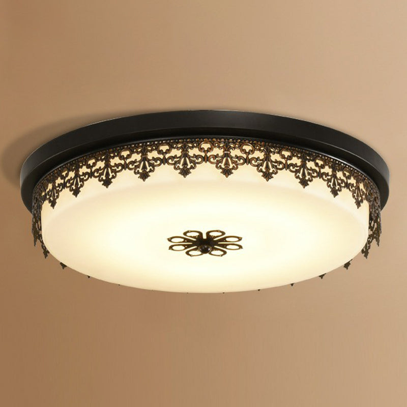 Drum Shaped Opal Glass LED Flush Ceiling Light Vintage Bedroom Flush Mount Lighting Fixture with Floral Decor in Black Clearhalo 'Ceiling Lights' 'Close To Ceiling Lights' 'Close to ceiling' 'Flush mount' Lighting' 2091492