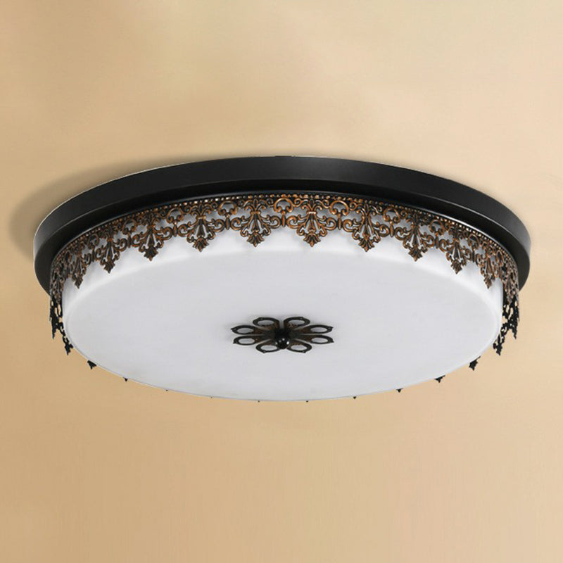 Drum Shaped Opal Glass LED Flush Ceiling Light Vintage Bedroom Flush Mount Lighting Fixture with Floral Decor in Black Clearhalo 'Ceiling Lights' 'Close To Ceiling Lights' 'Close to ceiling' 'Flush mount' Lighting' 2091493