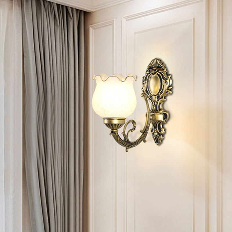 Traditional Flower Wall Mount Light Frost Glass Wall Light Fixture with Ruffle Trim for Corridor 1.0 Bronze Clearhalo 'Wall Lamps & Sconces' 'Wall Lights' Lighting' 2091589