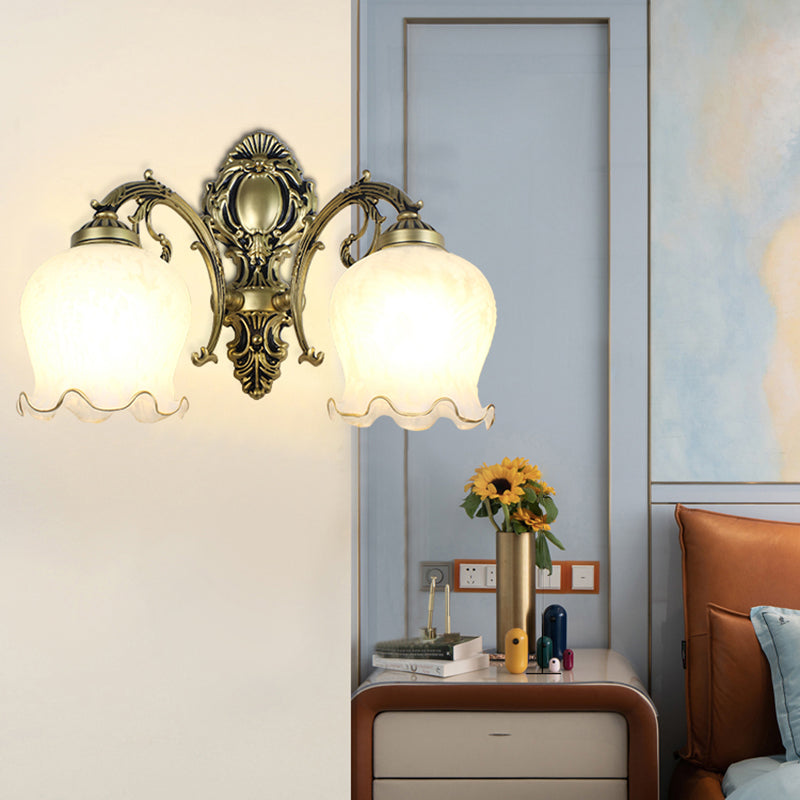 Traditional Flower Wall Mount Light Frost Glass Wall Light Fixture with Ruffle Trim for Corridor 2.0 Bronze Clearhalo 'Wall Lamps & Sconces' 'Wall Lights' Lighting' 2091594