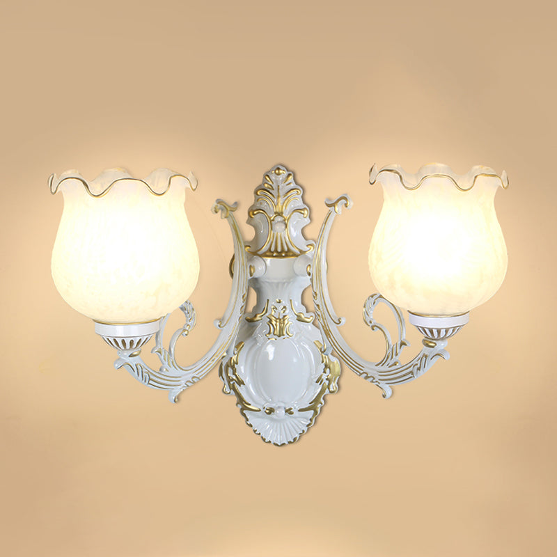 Traditional Flower Wall Mount Light Frost Glass Wall Light Fixture with Ruffle Trim for Corridor 2.0 White-Gold Clearhalo 'Wall Lamps & Sconces' 'Wall Lights' Lighting' 2091599