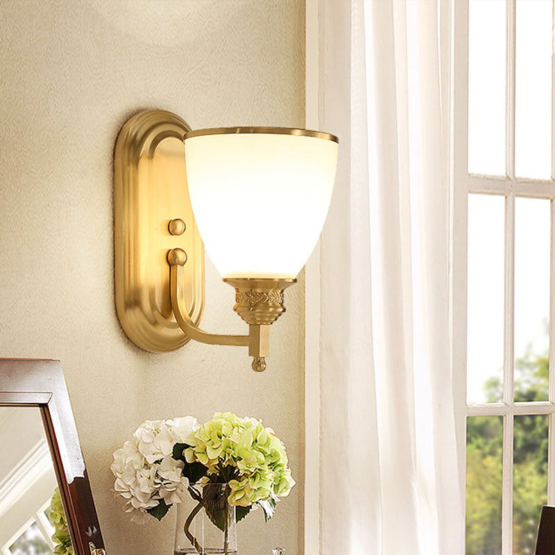 Single-Bulb Wall Light Fixture Vintage Bell Opal Frost Glass Wall Mounted Lamp in Gold Gold Clearhalo 'Wall Lamps & Sconces' 'Wall Lights' Lighting' 2091603