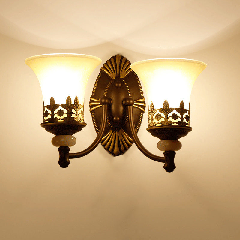 Flared Shade Beige Glass Wall Mount Light Retro Living Room Wall Lighting with Filigree in Dark Brown Clearhalo 'Wall Lamps & Sconces' 'Wall Lights' Lighting' 2091609