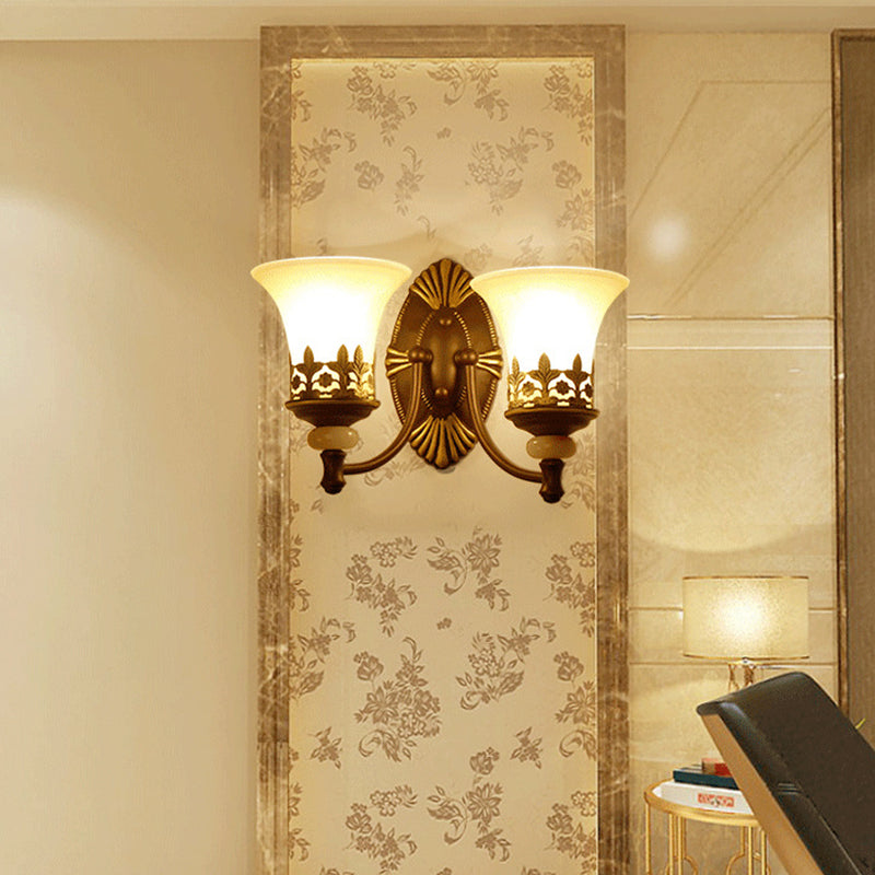 Flared Shade Beige Glass Wall Mount Light Retro Living Room Wall Lighting with Filigree in Dark Brown Clearhalo 'Wall Lamps & Sconces' 'Wall Lights' Lighting' 2091610