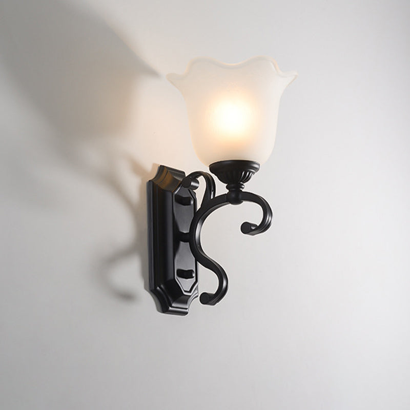 Frost Glass Black Wall Light Fixture Flower Shaped Vintage Wall Mounted Lamp for Bedroom Clearhalo 'Wall Lamps & Sconces' 'Wall Lights' Lighting' 2091646