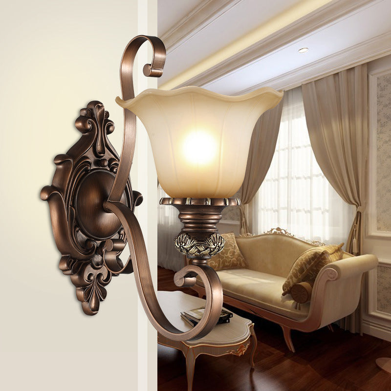 Frosted Glass Floral Shade Wall Light Classic Living Room Wall Lighting Fixture in Brown Clearhalo 'Wall Lamps & Sconces' 'Wall Lights' Lighting' 2091667