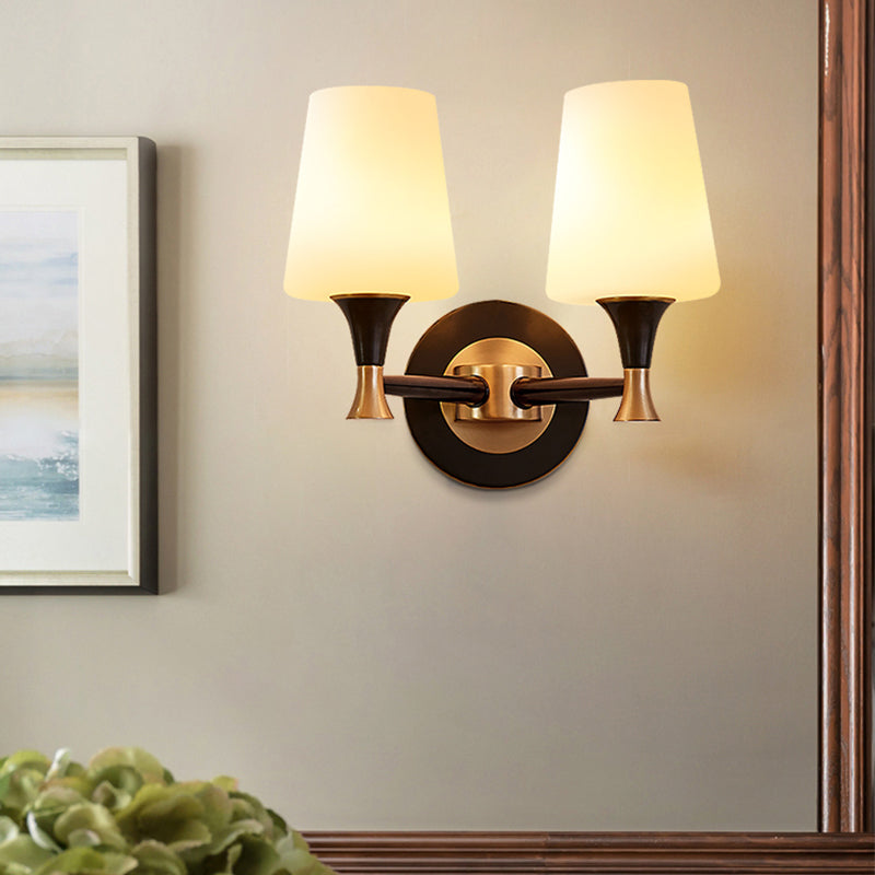 Brass Tapered Shade Wall Mount Light Traditional Cream Glass Corridor Wall Light Fixture Clearhalo 'Wall Lamps & Sconces' 'Wall Lights' Lighting' 2091677