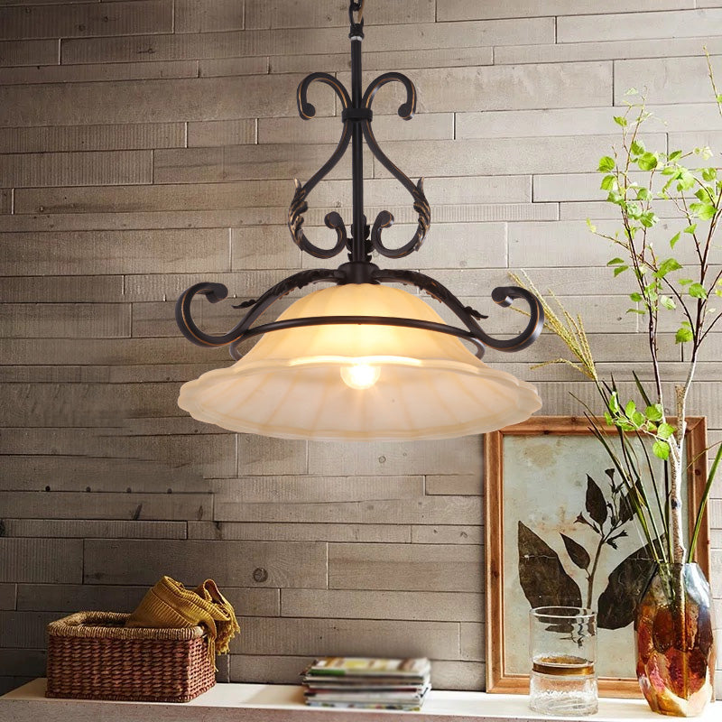 Curved Iron Suspension Lighting Classic 1��Head Dining Room Pendant Ceiling Light with Distressed White Glass Shade Clearhalo 'Ceiling Lights' 'Glass shade' 'Glass' 'Pendant Lights' 'Pendants' Lighting' 2091728