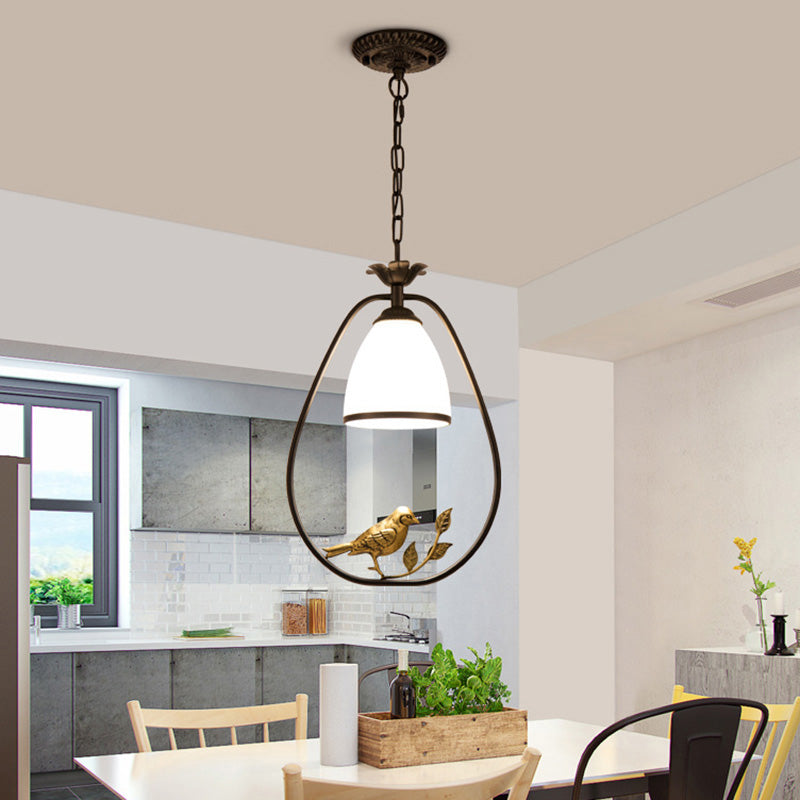 Cream Glass Bell Suspension Light Cottage Single Dining Room Pendant Ceiling Light with Bird Decor in Black Black Oval Clearhalo 'Ceiling Lights' 'Glass shade' 'Glass' 'Pendant Lights' 'Pendants' Lighting' 2091732