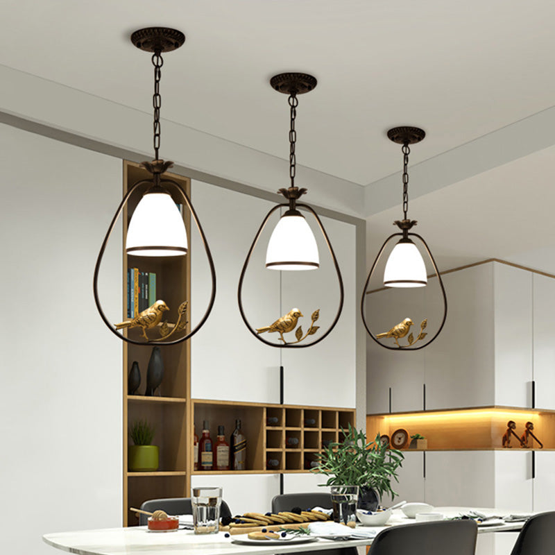 Cream Glass Bell Suspension Light Cottage Single Dining Room Pendant Ceiling Light with Bird Decor in Black Clearhalo 'Ceiling Lights' 'Glass shade' 'Glass' 'Pendant Lights' 'Pendants' Lighting' 2091733