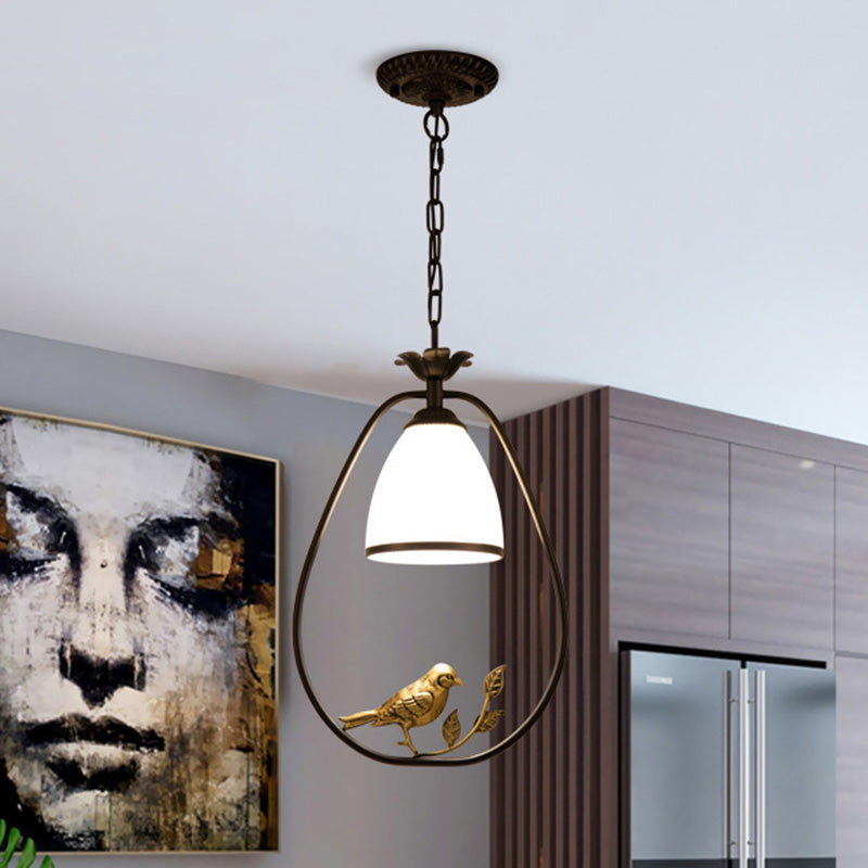 Cream Glass Bell Suspension Light Cottage Single Dining Room Pendant Ceiling Light with Bird Decor in Black Clearhalo 'Ceiling Lights' 'Glass shade' 'Glass' 'Pendant Lights' 'Pendants' Lighting' 2091734