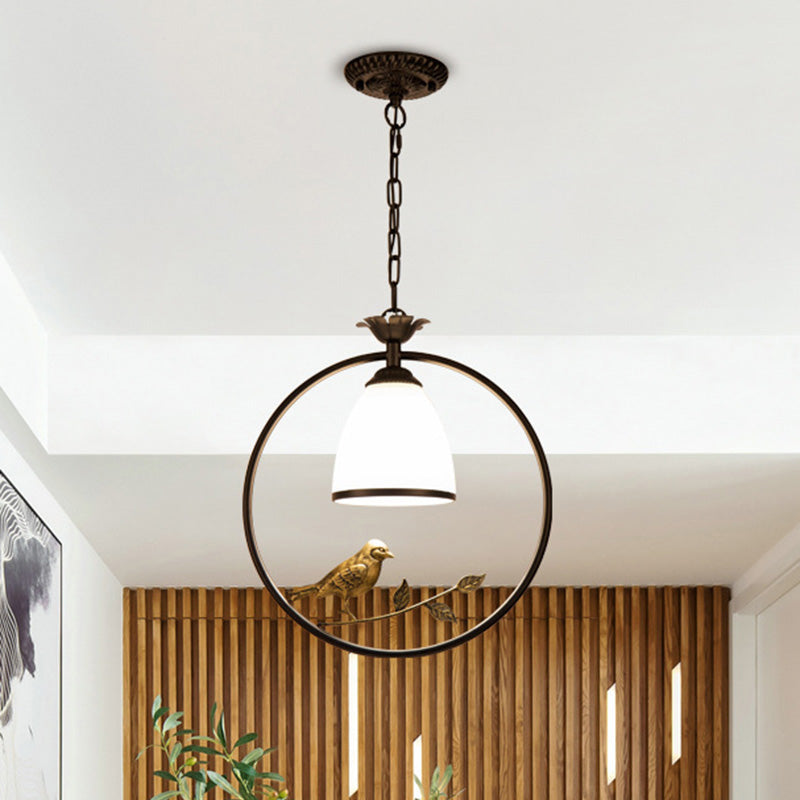 Cream Glass Bell Suspension Light Cottage Single Dining Room Pendant Ceiling Light with Bird Decor in Black Black Round Clearhalo 'Ceiling Lights' 'Glass shade' 'Glass' 'Pendant Lights' 'Pendants' Lighting' 2091736