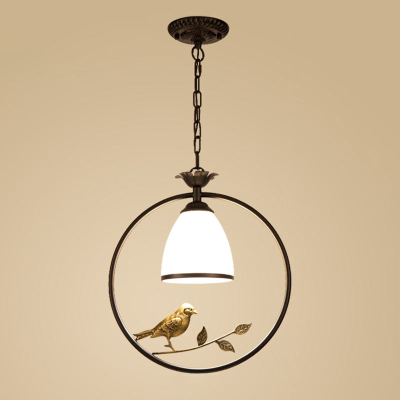 Cream Glass Bell Suspension Light Cottage Single Dining Room Pendant Ceiling Light with Bird Decor in Black Clearhalo 'Ceiling Lights' 'Glass shade' 'Glass' 'Pendant Lights' 'Pendants' Lighting' 2091737