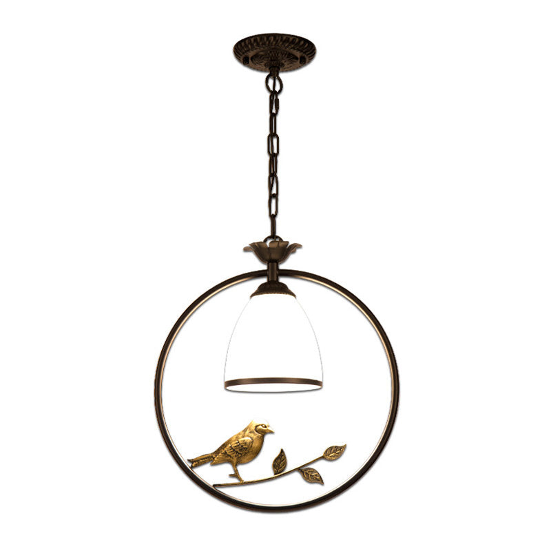 Cream Glass Bell Suspension Light Cottage Single Dining Room Pendant Ceiling Light with Bird Decor in Black Clearhalo 'Ceiling Lights' 'Glass shade' 'Glass' 'Pendant Lights' 'Pendants' Lighting' 2091738
