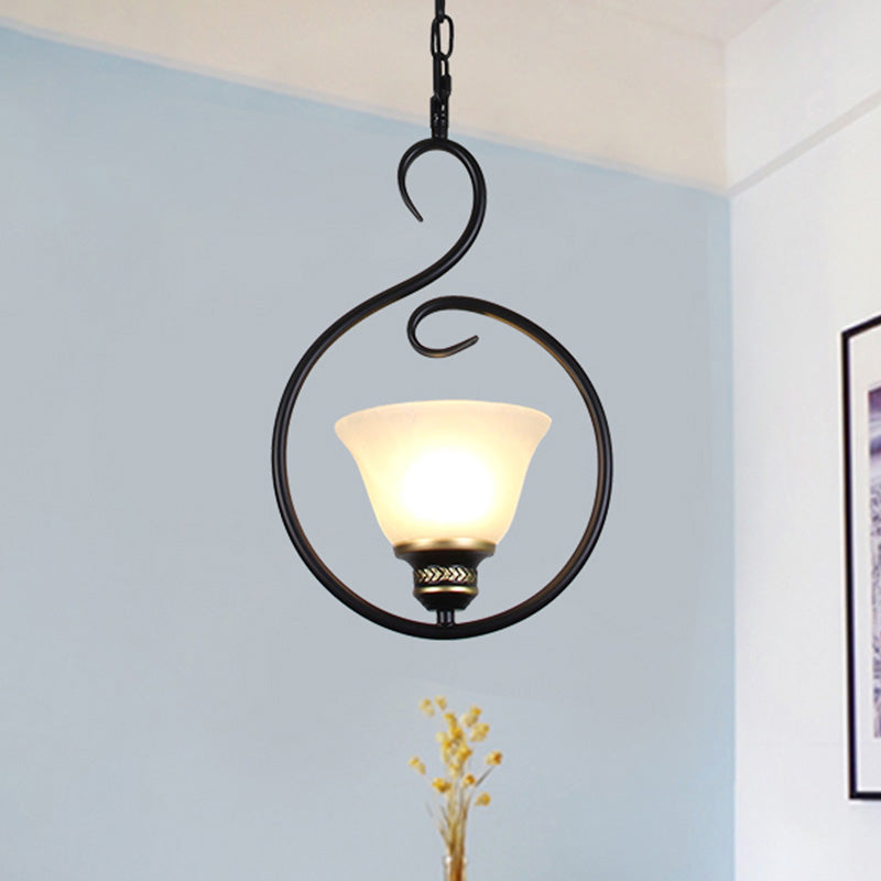 Black Bell Shade Ceiling Light Traditional Opal Glass 1��Head Dining Room Hooded Hanging Pendant Light Black B Clearhalo 'Ceiling Lights' 'Glass shade' 'Glass' 'Pendant Lights' 'Pendants' Lighting' 2091739