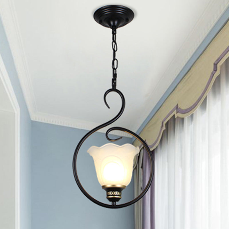 Black Bell Shade Ceiling Light Traditional Opal Glass 1��Head Dining Room Hooded Hanging Pendant Light Black C Clearhalo 'Ceiling Lights' 'Glass shade' 'Glass' 'Pendant Lights' 'Pendants' Lighting' 2091743