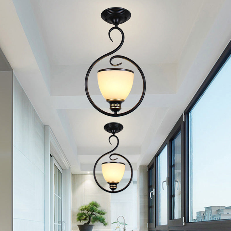 Black Bell Shade Ceiling Light Traditional Opal Glass 1 Head Dining Room Hooded Hanging Pendant Light Black D Clearhalo 'Ceiling Lights' 'Lighting' 'Pendant Lights' 2091746_aa741029-172f-4545-afe1-9e700d2f4422