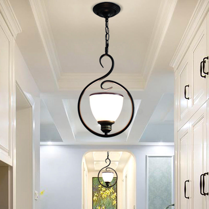 Black Bell Shade Ceiling Light Traditional Opal Glass 1��Head Dining Room Hooded Hanging Pendant Light Clearhalo 'Ceiling Lights' 'Glass shade' 'Glass' 'Pendant Lights' 'Pendants' Lighting' 2091747