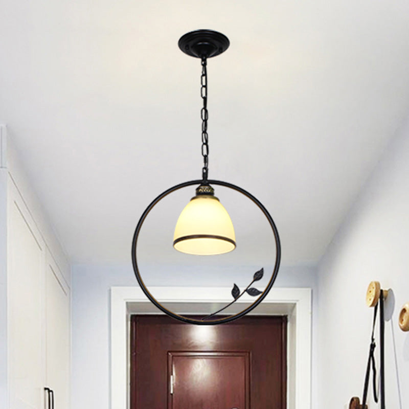 Single-Bulb Iron Pendant Light Vintage Black Ring Shaped Corridor Suspension Light Fixture with Frosted Glass Shade Black C Clearhalo 'Ceiling Lights' 'Glass shade' 'Glass' 'Pendant Lights' 'Pendants' Lighting' 2091749