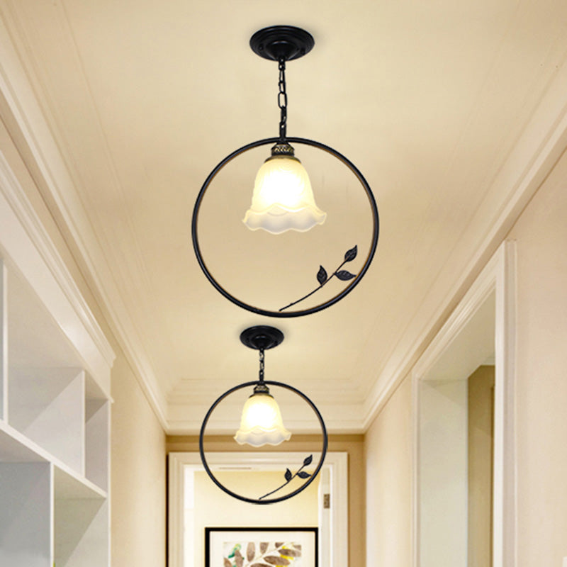 Single-Bulb Iron Pendant Light Vintage Black Ring Shaped Corridor Suspension Light Fixture with Frosted Glass Shade Black B Clearhalo 'Ceiling Lights' 'Glass shade' 'Glass' 'Pendant Lights' 'Pendants' Lighting' 2091750