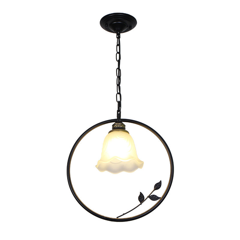 Single-Bulb Iron Pendant Light Vintage Black Ring Shaped Corridor Suspension Light Fixture with Frosted Glass Shade Clearhalo 'Ceiling Lights' 'Glass shade' 'Glass' 'Pendant Lights' 'Pendants' Lighting' 2091751