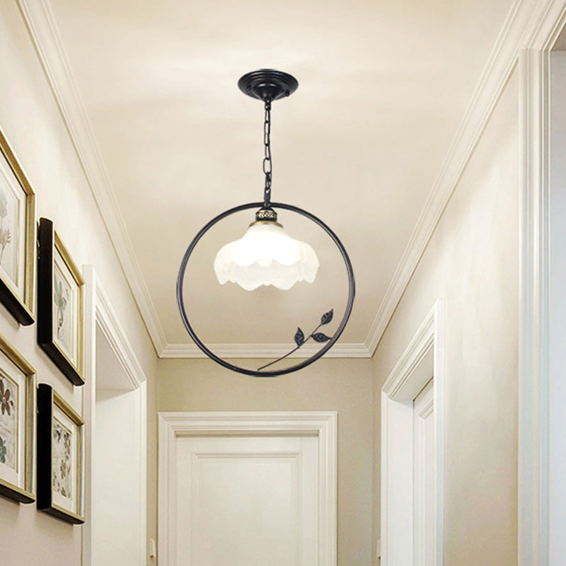Single-Bulb Iron Pendant Light Vintage Black Ring Shaped Corridor Suspension Light Fixture with Frosted Glass Shade Black A Clearhalo 'Ceiling Lights' 'Glass shade' 'Glass' 'Pendant Lights' 'Pendants' Lighting' 2091752