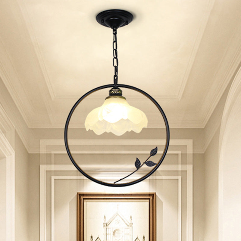 Single-Bulb Iron Pendant Light Vintage Black Ring Shaped Corridor Suspension Light Fixture with Frosted Glass Shade Clearhalo 'Ceiling Lights' 'Glass shade' 'Glass' 'Pendant Lights' 'Pendants' Lighting' 2091753