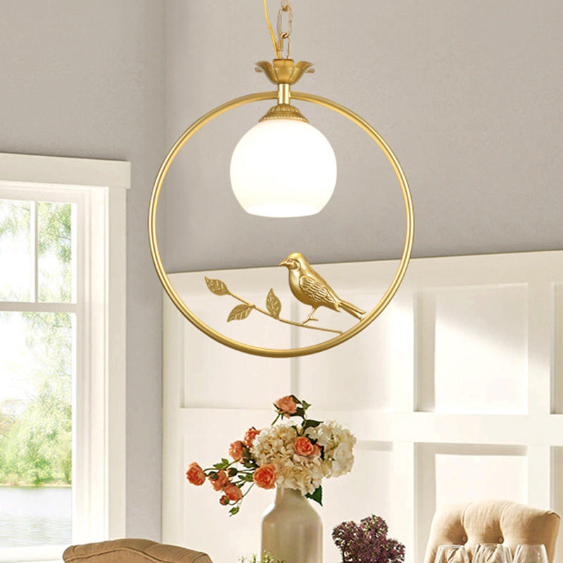 Cottage Bird Suspension Light 1-Light Iron Pendant Light Fixture with Opal Glass Shade Gold Clearhalo 'Ceiling Lights' 'Chandeliers' 'Glass shade' 'Glass' 'Pendant Lights' 'Pendants' Lighting' 2091754