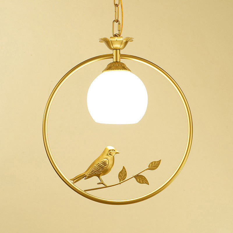 Cottage Bird Suspension Light 1-Light Iron Pendant Light Fixture with Opal Glass Shade Clearhalo 'Ceiling Lights' 'Chandeliers' 'Glass shade' 'Glass' 'Pendant Lights' 'Pendants' Lighting' 2091755