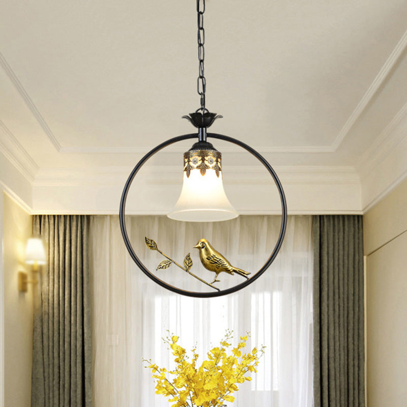 Cottage Bird Suspension Light 1-Light Iron Pendant Light Fixture with Opal Glass Shade Black-Gold Clearhalo 'Ceiling Lights' 'Chandeliers' 'Glass shade' 'Glass' 'Pendant Lights' 'Pendants' Lighting' 2091757