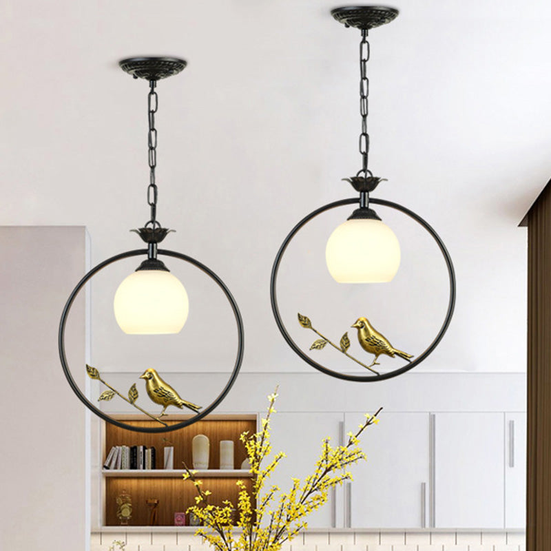Cottage Bird Suspension Light 1-Light Iron Pendant Light Fixture with Opal Glass Shade Black Clearhalo 'Ceiling Lights' 'Chandeliers' 'Glass shade' 'Glass' 'Pendant Lights' 'Pendants' Lighting' 2091758