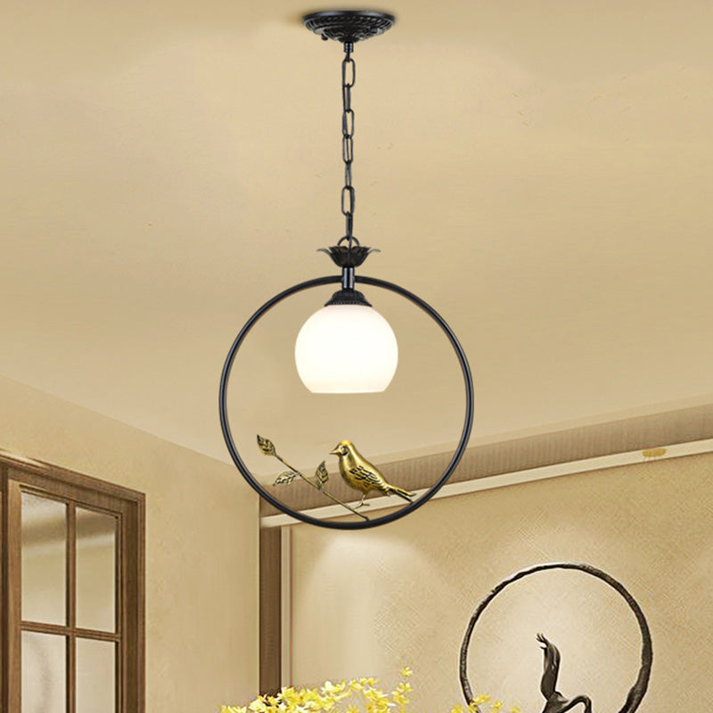 Cottage Bird Suspension Light 1-Light Iron Pendant Light Fixture with Opal Glass Shade Clearhalo 'Ceiling Lights' 'Chandeliers' 'Glass shade' 'Glass' 'Pendant Lights' 'Pendants' Lighting' 2091759